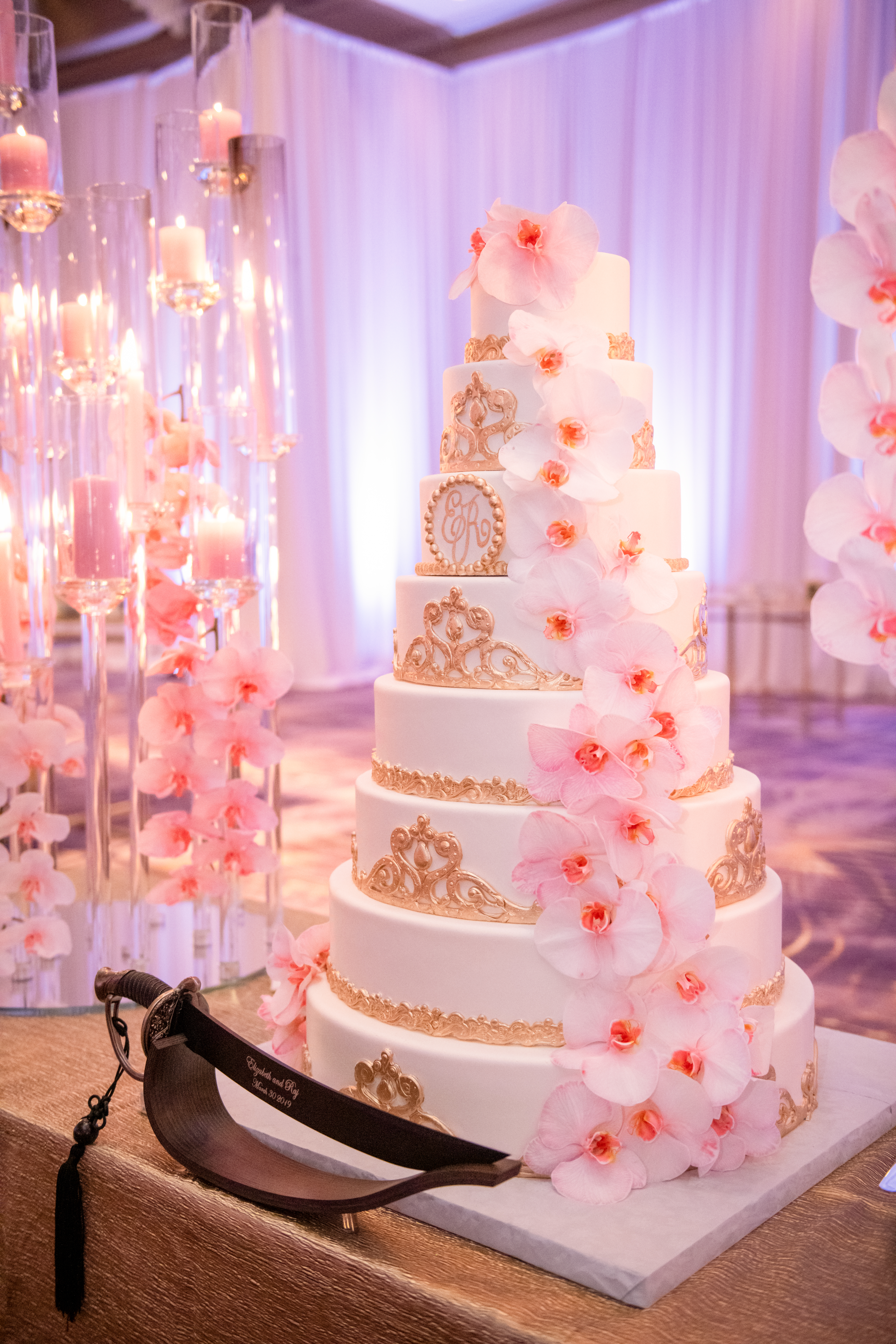 pink gold wedding cake orchids 